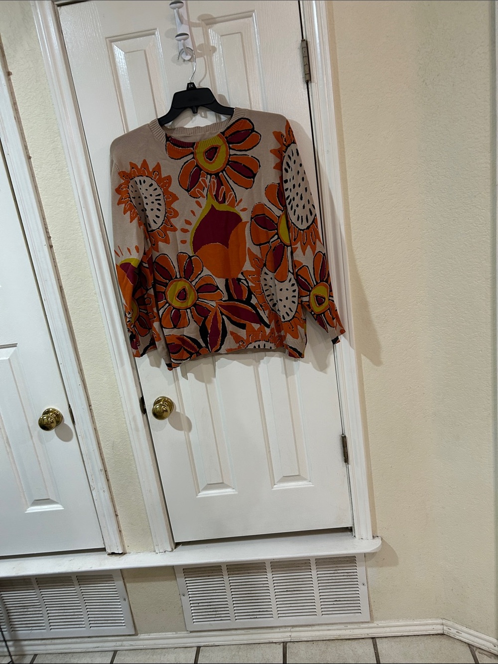 SHEIN Beige Crewneck Sweater with Orange Floral Print